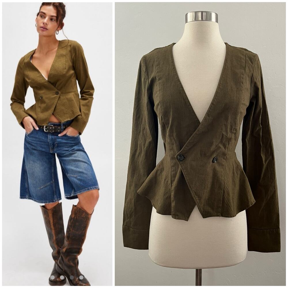 Free People City Life Blouse Small in Seaweed Green Chic Boho Grunge Office NEW